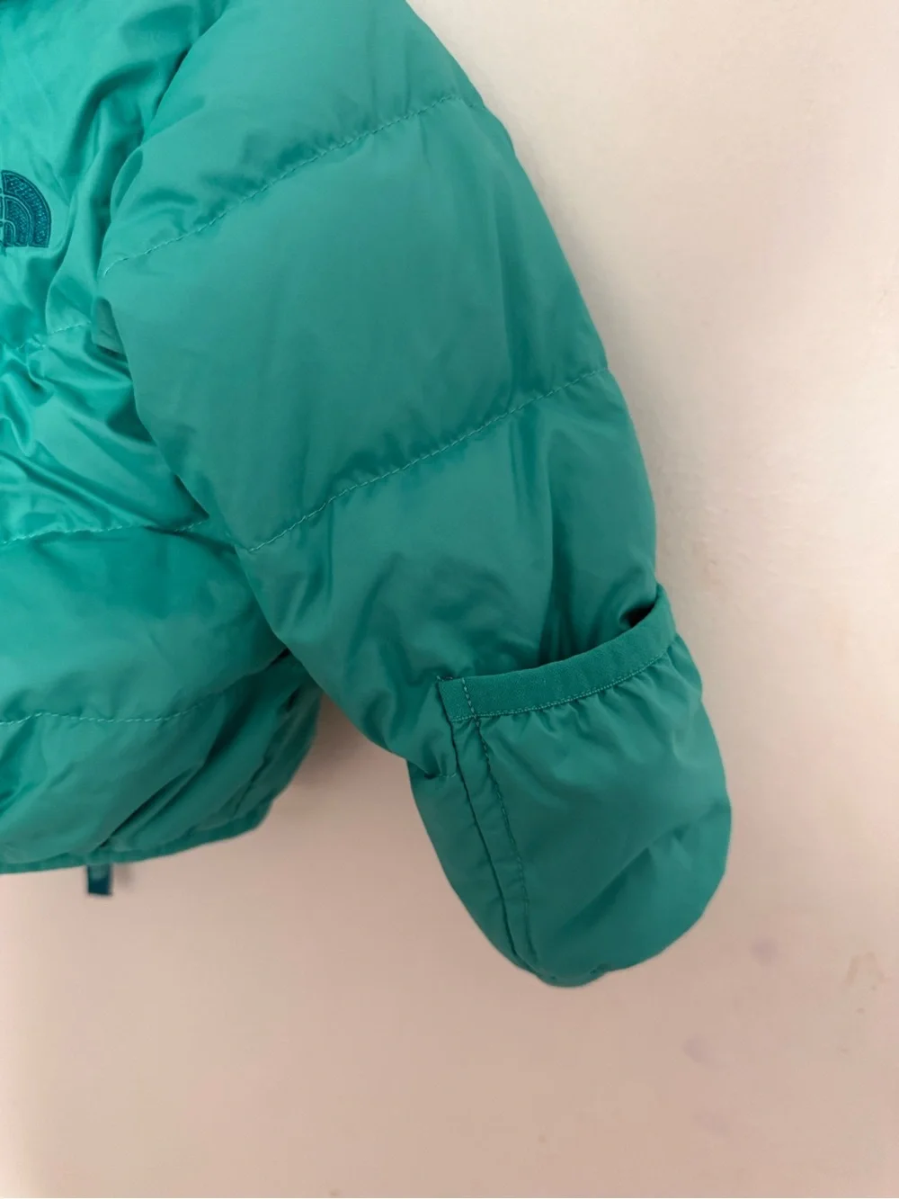 The North Face Teal/Turquoise Kids Puffer reversible hooded and mittens